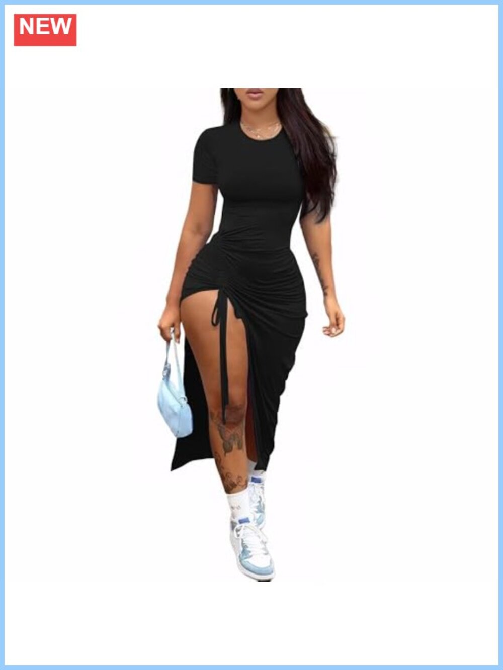 Women's Sexy Bodycon Maxi Club Dress Short Sleeve Side Slit Ruched Drawstring